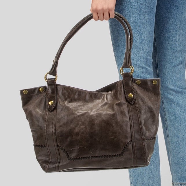 Frye Shoulder Bag Brown Leather Rolled Handles & Dual Shoulder Tote